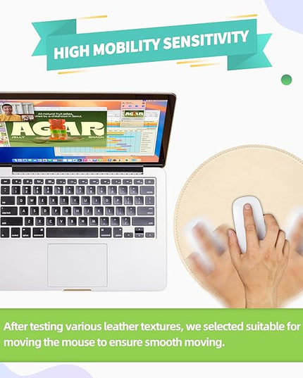 Mouse Pad，Round Mouse Pad，PU Mouse Pad，Leather Mouse Pad with Stitched Edge Micro-Fiber Base with Non-Slip Waterproof，Mouse Pad for Computers，Laptop，9 x 9 Inch (Milky White)