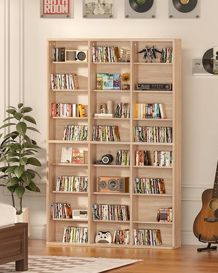 LELELINKY 8 Tier Tall Display Cabinet, Natural Media Storage Cabinet with Adjustable Shelves, Free Standing DVD Organizer Shelf, Floor multimedia storage manga bookshelf for Living Room & Home Office.