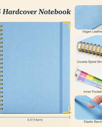 Blank Spiral Notebook: Leather Sketch Book, 300 Pages Hardcover Unlined Notebook for Women Men,100GSM Thick No Bleed Paper Journal, A5 Small Art Sketchbook for Drawing Writing, 5.5" x 8", Light Blue