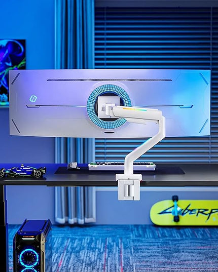 Ultrawide Monitor arm for 17-49'' Heavy Duty Screen up to 44lbs, Gas Spring Single Monitor Arm with RGB Light, Adjustable Gaming Computer Monitor Arm for Desk, White
