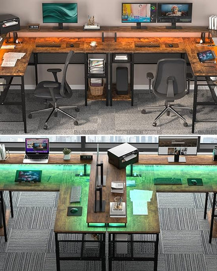 Unikito L Shaped Desk with LED Light and Power Outlet, Reversible Corner Computer Table with Monitor Stand and Storage Shelf, Modern L- Shaped Gaming Desk, Ergonomic Home Office Desk, Rustic Brown