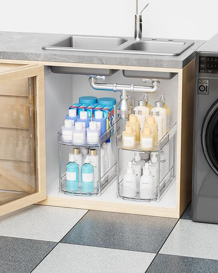 2 Pack Large Pull Out Bathroom Organizers and Storage,2 Tier 12.8″ Tall Sliding Kitchen Under Sink Organizer for Cleaning Products Storage,Acrylic Clear Bathroom inder Sink Organizer,Undersink Storage