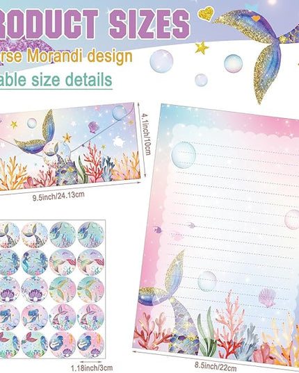 TaoBary 160 Pcs Stationery Paper Set 50 Double Sided Stationery Papers with 50 Matching Envelopes and 60 Round Dot Sticker, 10 Design(Mermaid,8.5 x 11 Inch)