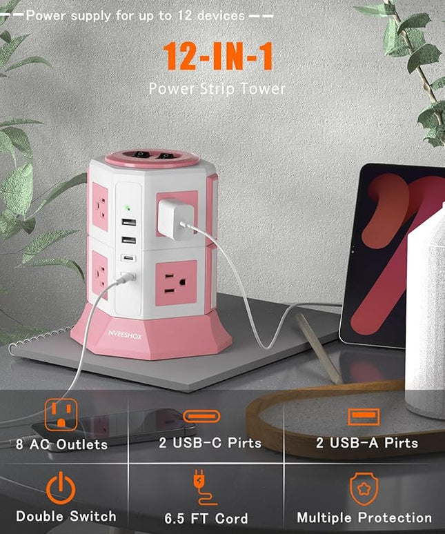 NVEESHOX Surge Protector Power Strip Tower, 10 Feet Ultra Flat Extension Cord with 12 AC Outlets 5 USB Ports(2 Type C), Desktop Charging Station, Flat Plug Outlet Extender for Home Office Dorm