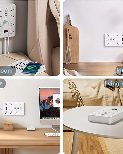 10 Ft Long Extension Cord,Power Strip Surge Protector HUNIAN Flat Plug with 8 Widely Spaced Outlets 6 USB(1 USB C Port), Wall Mount Charging Station for Home and Office,White