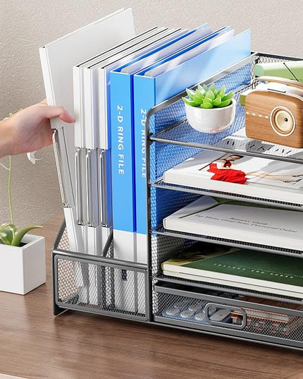 Marbrasse 5-Tier Paper Letter Tray Organizer with Drawer and Pen Holder, Mesh Desktop Organizer and Storage with Magazine Holder for Office Supplies (Grey)