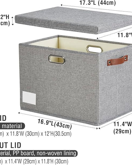 17" Large Collapsible Storage Bins with Lids, Stackable Closet Organizers with PU Handle and Labels, 3-Pack Decorative Fabric Storage Boxes for Home, Bedroom, Closet, Office, Nursery(Gray)