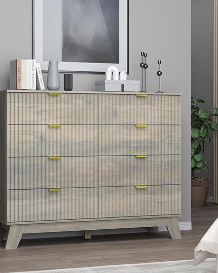 BORNOON Fluted 8 Drawer Tall Dresser, 47.2" Wide Modern Boho Chest of Drawers, Wooden Storage Dresser TV Stand for Bedroom, Living Room, Closet, Hallway, Curved Profile Design