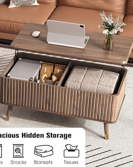 JOINICE Lift Top Coffee Table with Storage, Mid Century Modern Fluted Wood Design,Pop-Up Walnut Center Table with Hidden Compartment for Living Room & Home Office Work/Dining