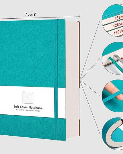AHGXG Bullet Dotted Journal - 320 Pages Dot Grid Notebook B5 Large Journal, 7.6'' X 10'', 100gsm Thick Dotted Paper, Leather Softcover, with Journal Stencils, Inner Pocket - Cyan