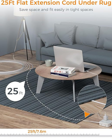 Flat Plug Long Extension Cord 25 Ft, TESSAN Power Strip Surge Protector with 8 Outlets 3 USB Ports (1 USB C), 900J Protection Desktop Charging Station for Home, Office, Dorm Room Essentials