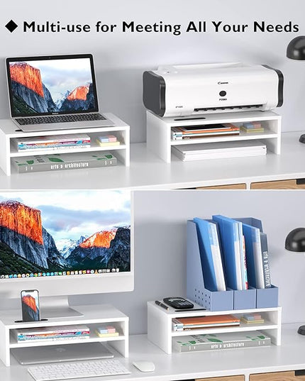 BONTEC Wooden Monitor Stand Riser, 2-Tier Desk Shelf with Storage Organizer, Ergonomic Computer Stand with Cable Management, Cellphone Holder, White, 16.5 Inch
