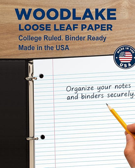 Woodlake Loose Leaf Paper, College Ruled Notebook Paper, 8 x 10.5”, 150 Sheets per Pack, 3 Pack Bulk Lined Filler Paper, 3 Hole Punched, 60gsm, Made in USA