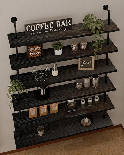 48 Inch Pipe Shelf Floating Shelves for Wall Shelves Bookshelf Industrial Pipe Shelving Real Wood Planks Rustic Hanging Shelves Farmhouse Kitchen Bar Shelving Black