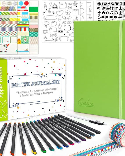 Dotted Journal Kit, Feela Dot Grid Journal Hardcover Planner Notebook Set For Beginners Women Girls Note Taking with Journaling Supplies Stencils Stickers Pens Accessories, A5, 224 Pages, Apple Green