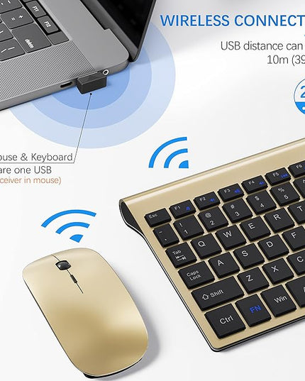 Wireless Keyboard and Mouse Ultra Slim Combo, TopMate 2.4G Silent Compact USB 2400DPI Mouse and Scissor Switch Keyboard Set with Cover, Batteries Included, for PC/Laptop/Windows/Mac - Gold Black