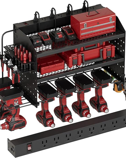 Power Tool Organizer Wall Mount with Charging Station, 8 Outlet Heavy Duty Metal Garage Tool Storage Rack, 23 Inch 3 Tier Shelves for Workshop & Garage Organization