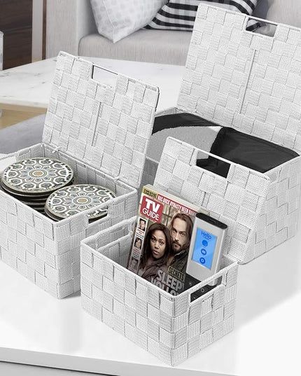 Sorbus Set of 3 Hand-Woven Storage Baskets with Lids – Decorative Wicker Organizers for Home, Closet, or Shelves (White)