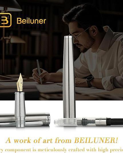 BEILUNER Luxury Fountain Pen Set, Solid 24K Gilded Medium Nib, Silver Stainless Steel Body- Includes 6 Ink Cartridges & Ink Refill Converter with Gift Case - Nice pen for Men and Women