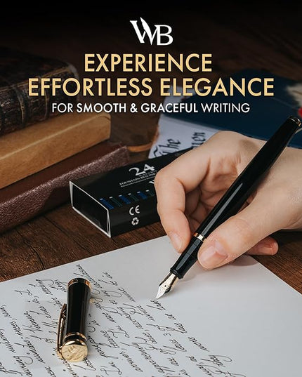 Wordsworth & Black Fountain Pen Set, 18K Gilded Extra Fine Nib, Includes 24 Pack Ink Cartridges, Ink Refill Converter & Gift Box, Gold Finish, Calligraphy, [Black Gold], Perfect for Men & Women