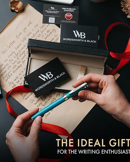 Wordsworth & Black Fountain Pen Set, 18K Gilded Medium Nib, Includes 24 Pack Ink Cartridges, Ink Refill Converter & Gift Box, Gold Finish, Calligraphy, [Turquoise Gold], Perfect for Men & Women