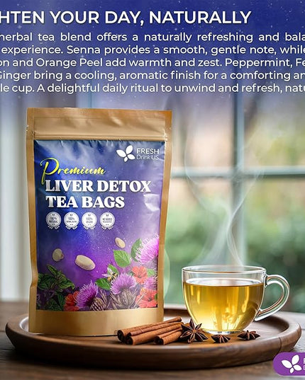 FreshDrinkUS, Premium Liver Herbal Detox Tea – Strong Blend Of Milk Thistle, Hibiscus, Peppermint & Ginger | Fennel, Lemongrass & Orange Peel with Stevia | Vibrant Caffeine-Free Botanical Blend
