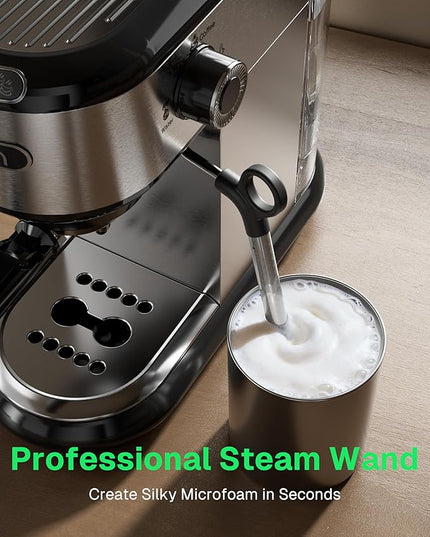 HBN 20 Bar Espresso Machine with Milk Frother, Compact Espresso Maker for Ground Coffee, Stainless Steel Coffee Machine with Steam Wand & 34oz Removable Water Tank, 1450W for Home & Office