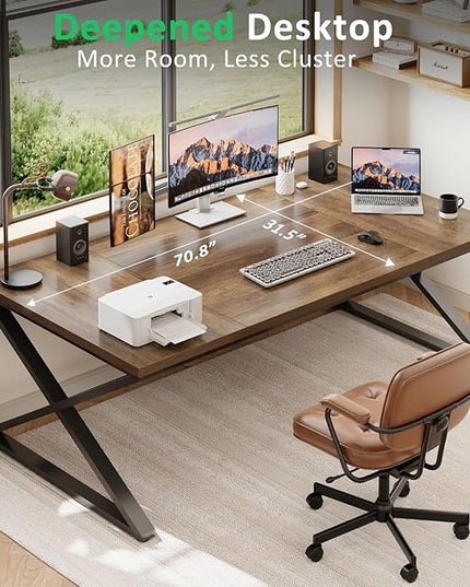 IBF Wood Large Computer Desk, 70.8” Long Home Office Desk for Two Person, Farmhouse Work Study Writing Table in Bedroom, Simple Wide Metal Executive Double PC Gaming Workstation, Rustic Oak