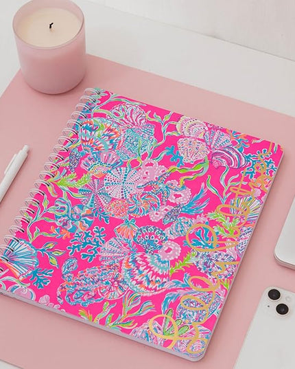 Lilly Pulitzer Large Pink Hardcover Spiral Notebook, 11" x 9.5" with 160 College Ruled Pages, Shell Me Something Good