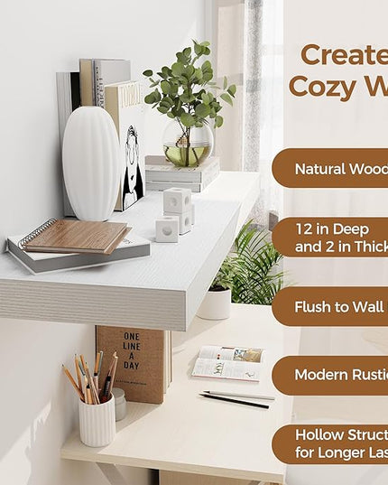 White Floating Shelves 36 Inch Long, 12 Inch Deep Floating Shelves for Wall, 36 x 12 Shelves for Wall Storage & Display, 2" Thick Floating Shelf for Bathroom, Living Room, Bedroom, Set of 2