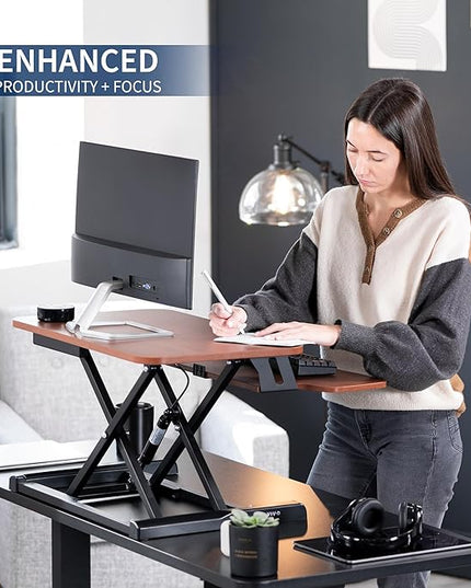 VIVO 26 inch Desk Converter, K Series, Height Adjustable Sit to Stand Riser, Dual Monitor and Laptop Workstation with Keyboard Tray, Dark Walnut Top, Black Frame, DESK-V026KA