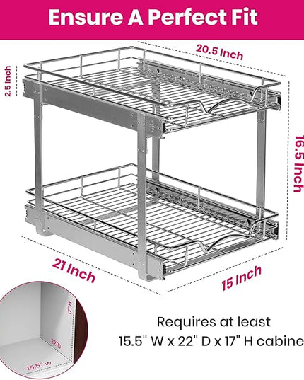 HOLDN’ STORAGE Two Tier Pull Out Cabinet Organizer, Individual Sliding Drawers - Heavy Duty Metal with Lifetime Limited Warranty - Anti Rust Chrome Finish - 15" W x 21”D x 16.5" H