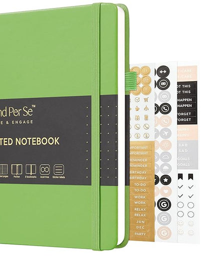 &And Per Se Dotted Journal Notebook, A5 Hardcover Leather Bullet Dotted Journal, 160 Pages 100 gsm Thick Paper, 3 Sheets of Stickers Included- 5.7'' x 8'' (Pastel green)