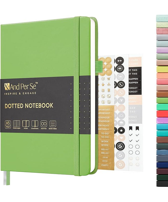 &And Per Se Dotted Journal Notebook, A5 Hardcover Leather Bullet Dotted Journal, 160 Pages 100 gsm Thick Paper, 3 Sheets of Stickers Included- 5.7'' x 8'' (Pastel green)