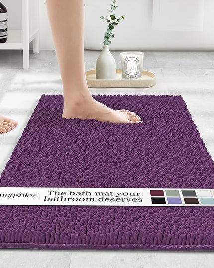 MAYSHINE Plush Shaggy Chenille Bath Mat | Extra Soft, Super Absorbent, Non-Slip Bathroom Rug | Fluffy Microfiber, Area Rug Sets for Bathroom Floor, Kitchen, Living Room | 24"x17" | Plum