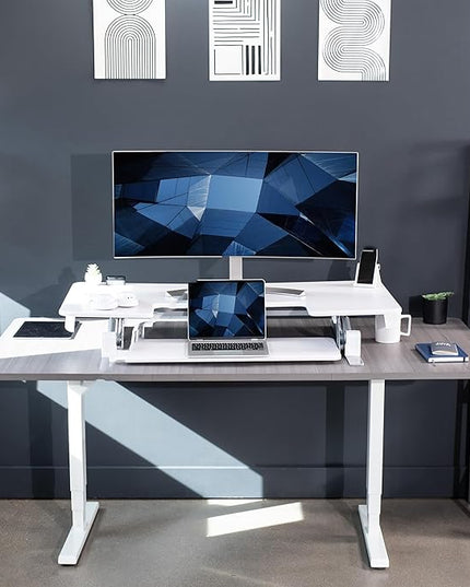 VIVO 48 inch Height Adjustable Large Stand Up Desk Converter, V Series, Quick Sit to Stand Tabletop Dual Monitor Riser Workstation, White, DESK-V048VW