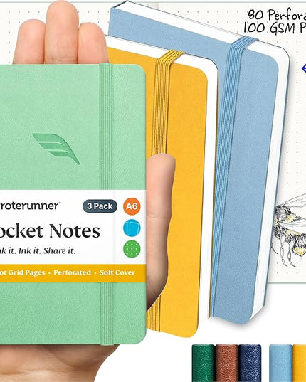 Roterunner A6 Pocket Notebook (Spring Pastel) 3 Pack 3.5x5.5 Dotted Mini Notebook Journal 100Gsm Perforated Paper, Work Gym Travel Journal Notebook, Leather Small Notebook Numbered with Notes Index