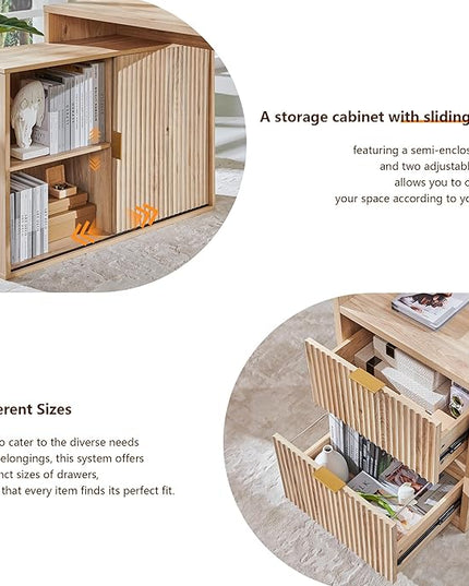 JXQTLINGMU 67" Modern L Shaped Desk with Storage Cabinet & Drawers, Wood Home Office Desk with Power Outlets, Fluted Computer Writing Desk, Natural Oak