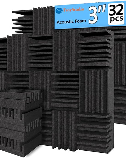 TroyStudio Thick Acoustic Foam Panels, 12 X 12 X 3 Inch 32 Pcs Broadband Sound Absorbing Foam, Dense Soundproof Padding Tile, Recording Studio Foam Absorber, Groove Decorative 3D Wall Ceiling Panel