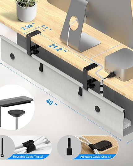 Under Desk Cable Management Tray, 40-inch No-Drill Cord Organizer with Anti-Sag Reinforced Base, Fabric Wire Management Hider for Standing Desk, Office & Gaming Accessories - Grey