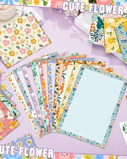 TaoBary 160 Pcs Stationery Paper Set 50 Double Sided Stationery Papers with 50 Matching Envelopes and 60 Round Dot Sticker, 10 Design(Kawaii,5.5 x 8.25 Inch)