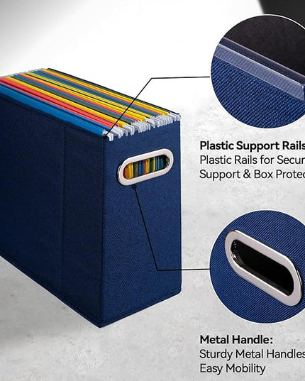 4 Packs Letter Size File Organizer, File Folders Organizer, Fabric Storage Box, Collapsible Paper Organizer with Metal Handle, Smooth PVC Rails, Only Box (Blue)