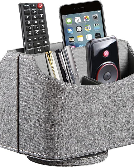 RHCSZ Leather Remote Control Holder 360 Degree Spinning, Desk Organizer for TV Remote Controllers, Caddy,Pen,Calculator,Media Player Storage box (Grey)