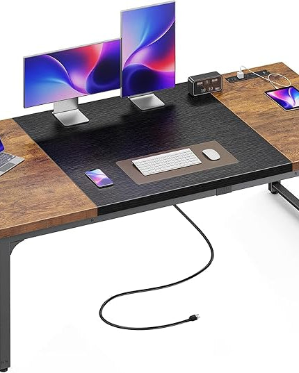 Huuger 63 x 31.5 inch Desk with Power Outlets & USB-C, 1.2 Inch Thicker Desktop, Robust Metal Tubes, Deep Computer Desk, Heavy Duty Office Desk, Work Desk, Rustic Brown and Black