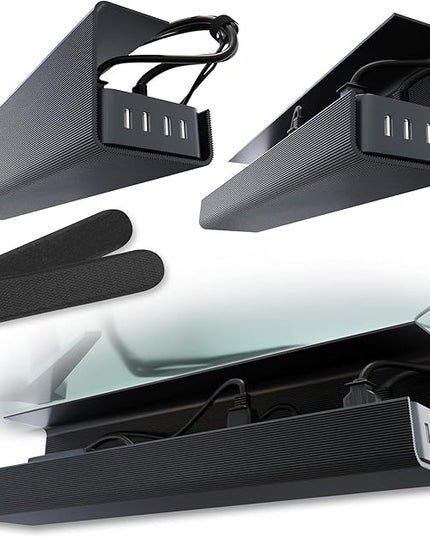 No-Screw Under Desk Cable Management Tray - Self-Adhesive Installation, Cord Management, Cable Tray, Under Desk Wire Organizer - Black Set of 2