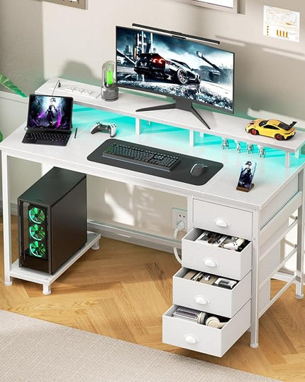 Furologee 47" White Computer Desk with 4 Fabric Drawers & Monitor Stand, Gaming Desk with Power Outlets - LED Lights, Home Office Space-Saving Study Table for Bedroom Small Spaces