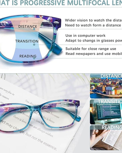 CLASAGA Progressive Multifocus Reading Glasses for Women, Pattern Print Blue Light Block Stylish Ladies Computer Readers