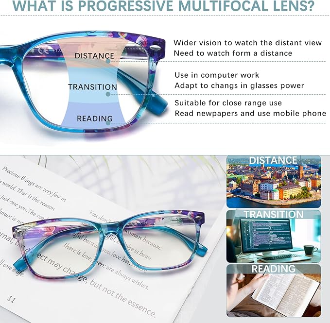CLASAGA Progressive Multifocus Reading Glasses for Women, Pattern Print Blue Light Block Stylish Ladies Computer Readers