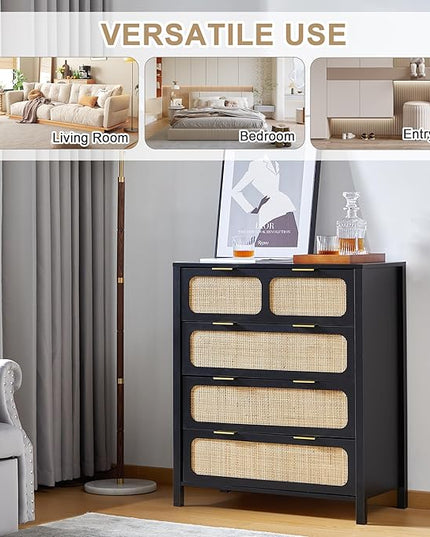 LEVNARY 4 Drawer Dresser Set of 2, Rattan Dressers Storage Cabinet with Metal Handles, Wooden Chest of Drawers Dresser for Bedroom, Entryway, Living Room, Hallway (2, Black)