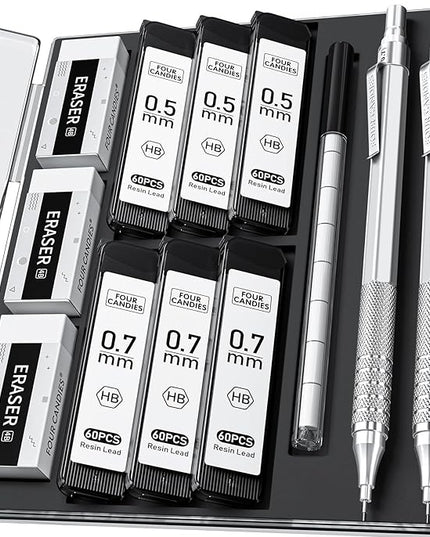 Four Candies 2PCS Metal Mechanical Pencils Set with Case, 0.5mm & 0.7 mm Artist Pencil with 6 Tubes (360PCS) HB Lead Refills, 3 Erasers,9 Eraser Refills For Writing Drafting, Drawing, Silver